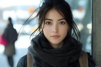Young Asian woman with natural makeup wearing dark scarf and winter clothing, looking directly at camera with gentle expression against blurred urban background.