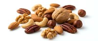 Mixed nuts collection with almonds walnuts pecans cashews and hazelnuts on white background for healthy snacking and cooking recipes.