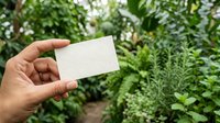Hand holding blank white business card against lush green foliage background, suitable for eco-friendly branding, organic product marketing, and environmental business concepts.