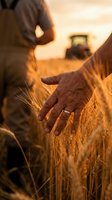 Farmer hand touching golden wheat field at sunset with tractor in background during harvest season in rural countryside agriculture landscape.