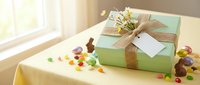 Green gift box with brown ribbon and blank tag surrounded by colorful Easter eggs and chocolate bunnies on yellow tablecloth near sunny window.