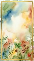Watercolor abstract background with botanical elements, herbs, and spices featuring soft blended colors in green, blue, yellow, and red tones. Isolated design ready for invitations, cards, and creative projects.