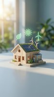 Wooden house model with solar panels, wind turbines, and glowing green energy icons symbolizing sustainable living and eco-friendly home solutions.