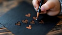 Drawing small decorative hearts with copper metallic pencil on black paper, creating romantic artistic composition on wooden surface. Close up view of creative process.