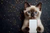 Cute Siamese kitten holding a smartphone with blank white screen, dark glitter background, mockup for app or social media promotion.