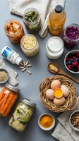 Fermented foods and probiotics flat lay with kimchi, sauerkraut, kefir, kombucha, eggs and supplements for gut health and digestive wellness nutrition.