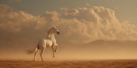 Majestic white horse rearing up against dramatic desert landscape with golden sunset clouds and mountains, creating ethereal atmosphere in warm sepia tones.