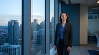Professional businesswoman in dark suit standing confidently in modern office with city skyline view through floor-to-ceiling windows during evening hours.