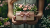 Hands holding elegant gift box decorated with pink bow and fresh flowers on top, creating romantic composition against blurred natural background.