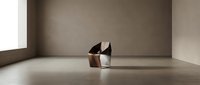 Wooden chair with black seat tilted against concrete wall in minimalist empty room with natural light from window, suitable for interior design and architectural visualization.