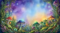 Enchanted forest scene with glowing mushrooms, lush foliage, and magical starry sky in vibrant purple, blue, and gold tones. Fantasy woodland illustration for creative projects.