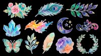 Watercolor boho clipart set with feathers, crystals, butterfly, moon, florals, and clouds, isolated on transparent background. Ready for stickers, t-shirt design, and print on demand.