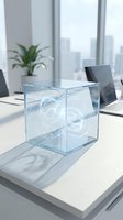 Transparent glass cube with floating brain hologram on modern office desk. Futuristic neuroscience technology concept for AI, machine learning and cognitive computing.