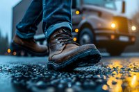 Close-up of brown leather work boot on wet asphalt with truck lights glowing in background, creating atmospheric evening scene with reflective puddles.