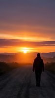 Silhouetted figure walking down rural dirt road toward dramatic golden sunrise with mountains in misty distance, conveying journey, hope, and new beginnings for motivational and inspirational content.