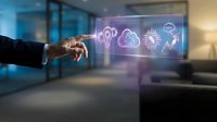 Businessman hand touching holographic display with glowing technology icons including cloud computing, artificial intelligence, and digital innovation symbols in modern office environment.