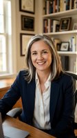 Middle-aged woman with shoulder-length blonde hair and fair complexion, wearing navy blazer and white blouse, smiling at desk in home office with bookshelves and framed artwork behind her.