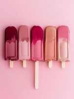 Five melting popsicles in shades of burgundy, mauve, magenta, peach and blush arranged on pink background. Frozen dessert concept for summer food and beverage design.