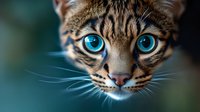 Close up portrait of Bengal cat with bright blue eyes and striped fur pattern against blurred teal background, showing intense feline gaze and detailed whiskers.