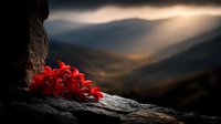 Red mountain ash berries on dark stone against dramatic mountain landscape with sunbeams breaking through clouds at sunset, creating moody atmospheric scene.