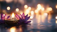 Floating lotus flowers with glowing candle create serene spa atmosphere. Warm bokeh lights reflect on water surface for meditation and wellness concepts.