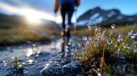 Morning dew drops on wild grass with blurred hiker silhouette in mountain landscape at sunrise, fresh nature macro photography with bokeh effect.