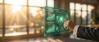 Businessman touching holographic digital interface with financial charts and data analytics in modern office environment with warm sunlight streaming through windows.