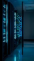 Modern data center server room with glowing blue LED lights and network equipment racks for cloud computing and IT infrastructure technology solutions.
