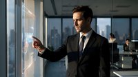 Professional businessman in dark suit interacting with futuristic holographic interface in modern office with city skyline view for corporate presentations.
