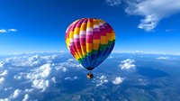 Colorful hot air balloon floating high above clouds and mountains against vibrant blue sky, aerial adventure perspective captures freedom and exploration spirit.