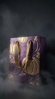 Elegant purple gift bag with golden pumpkin pattern for autumn celebrations and Halloween shopping on dark textured background.