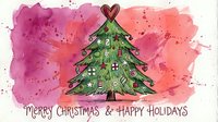 Festive evergreen tree decorated with ornaments and heart topper on watercolor splashed background in pink and coral tones, featuring holiday greeting text for seasonal cards and celebrations.