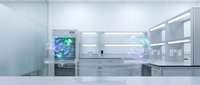 Futuristic laboratory interior with holographic displays showing molecular structures and data visualization in modern scientific research facility.
