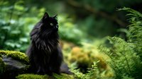Majestic black long-haired cat sitting on mossy rock in lush green forest setting with ferns and foliage creating mystical woodland atmosphere.