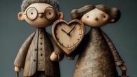 Wooden figurines of elderly couple holding heart-shaped clock, symbolizing enduring love and passage of time together.