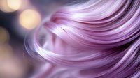Flowing silky strands in pink and purple hues create ethereal waves against blurred bokeh background, showcasing luxurious hair movement and soft lighting effects.