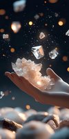 Magical crystalline formation floating above feminine hand against dark background with glowing bokeh lights and sparkles, creating ethereal atmosphere.