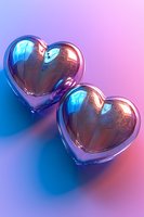 Metallic glass hearts with iridescent reflections on gradient blue and pink background, creating romantic mood for Valentine's Day designs and love concepts.