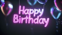Glowing pink neon Happy Birthday sign against dark background with floating transparent bubbles creating magical festive atmosphere for celebration designs.