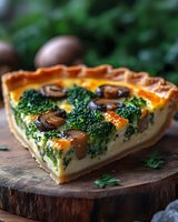 Savory vegetable quiche slice with broccoli and mushrooms on rustic wooden board, homemade pastry crust filled with eggs and fresh herbs for cooking content.