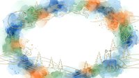 Watercolor frame with colorful paint splashes in blue, green and orange tones creating decorative border on white background for creative projects.