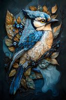 Mystical blue jay with ornate feather details amid golden autumn leaves and sparkling blue berries on dark background, fantasy art style illustration.