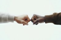 Multiracial fist bump between light and dark-skinned hands against white background showing unity, friendship, agreement and solidarity in modern society.