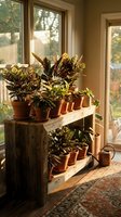Indoor plant collection on rustic wooden shelf by sunny window creating cozy home garden atmosphere with natural lighting and terracotta pots.
