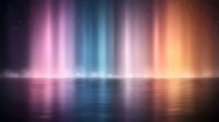 Mystical aurora borealis lights reflecting on calm water surface with vibrant pink, blue, and orange colors creating ethereal atmospheric phenomenon in night sky.