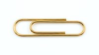 Two golden metal paperclips arranged overlapping on white background, isolated office supply ready for design use on marketing materials, stationery, and business graphics.