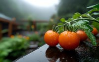 Fresh ripe red tomatoes with water droplets on vine in greenhouse garden setting for organic farming and healthy eating concepts.