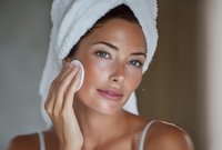Young woman with towel on head applying skincare product with cotton pad. Daily beauty routine, facial cleansing and moisturizing for healthy glowing skin.