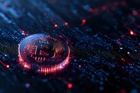 Glowing cryptocurrency coin on circuit board with red light effects and digital elements, dramatic macro photography for financial technology concept.