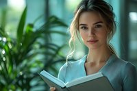 Young blonde woman reading book in bright modern interior with green plants creating peaceful learning atmosphere for education and lifestyle content.